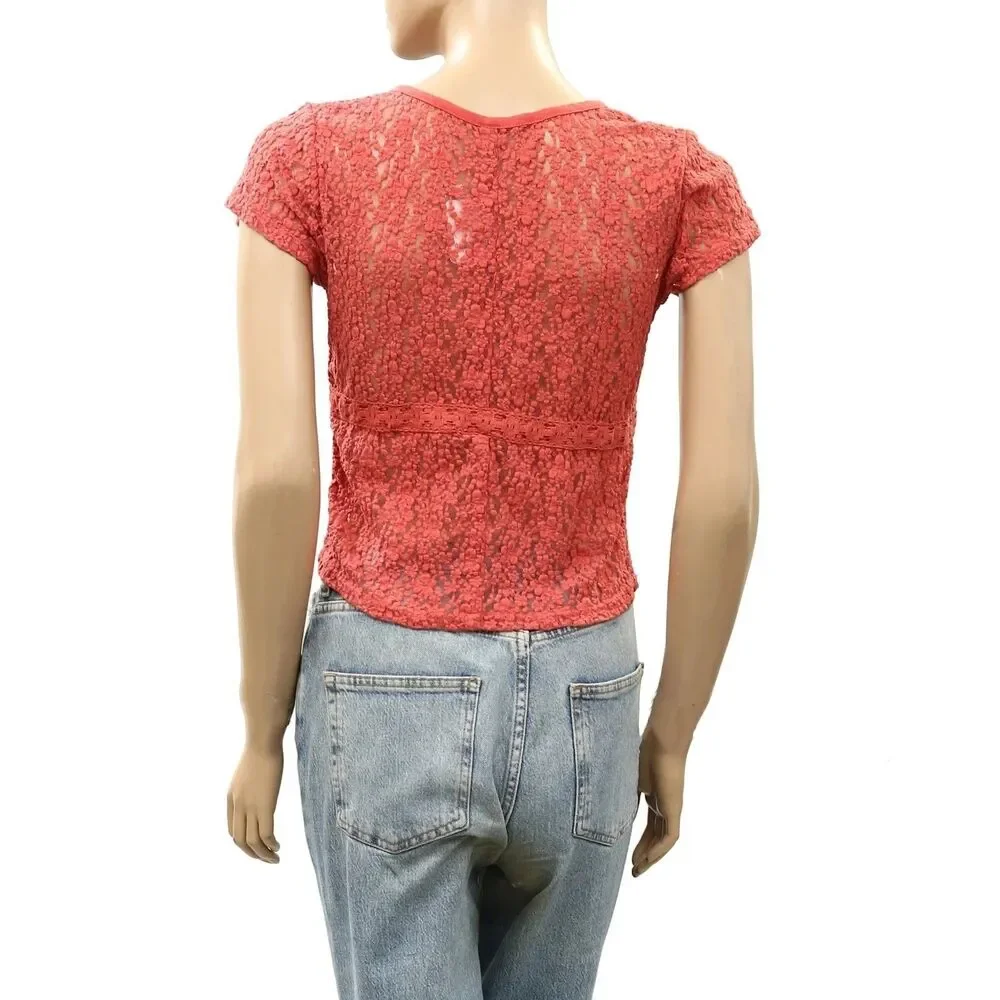 Free People Claro Lace Tee Women's Blouse Top Sheer Short Sleeve Trendy S 289938